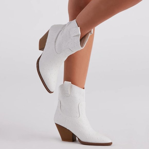 NEW🔥Ivory Faux Pearl Embellished Cowboy Cowgirl Western Heel Ankle Booties Boot - Picture 3 of 12